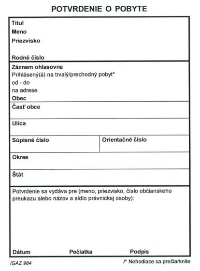 Słowackie zaświadczenie o miejscu zamieszkania, Potvrdenie o pobyte