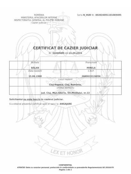 Rumuńskie zaświadczenie o niekaralności (Certificat de cazier judiciar) – tłumaczenie przysięgłe