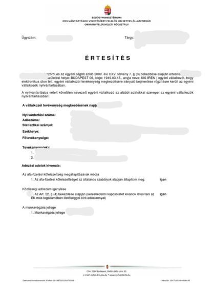 Węgierski Wpis do Ewidencji Działalności Gospodarczej (tłumaczenie na polski)
