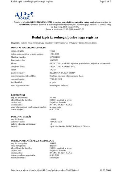 Słoweński wyciąg z KRS (Redni izpis iz sodnega/poslovnega registra) – tłumaczenie przysięgłe