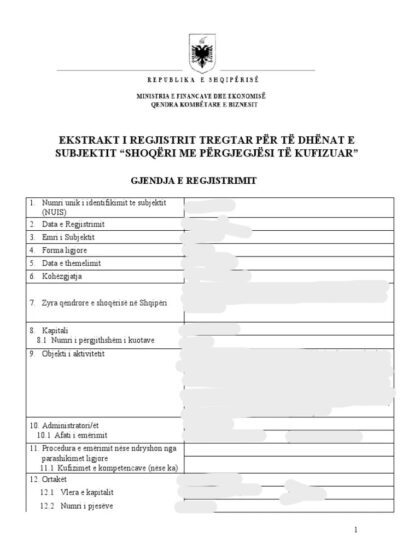 Albański Wpis Do Ewidencji Gospodarczej (Ekstrakt nga Qendra Kombëtare e Biznesit) - Tłumaczenie Przysięgłe